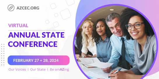Graphic with text saying Virtual Annual State Conference and photo of 4 adults leaning onto a table with papers in front of them